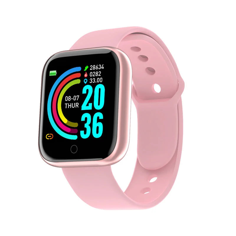 R.E.D. Shopping Y68/D20 smartwatch showing digital display with fitness tracker, sleep monitor, and music control features.