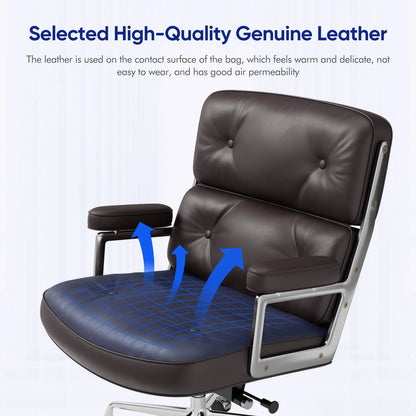 Ergonomic Executive Office Chair – Genuine Leather, Aluminum Arms, Swivel & Wheels