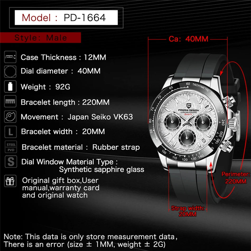 PAGANI DESIGN Men's Luxury Chronograph Watch – 100M Waterproof, Quartz Sport Wristwatch, Gift