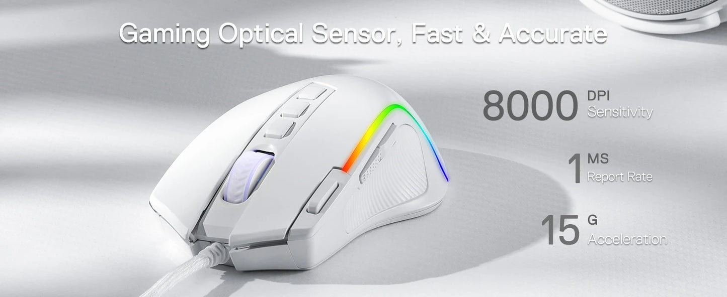 Redragon M612 Predator RGB Gaming Mouse — 8000 DPI, 11 Programmable Buttons, White