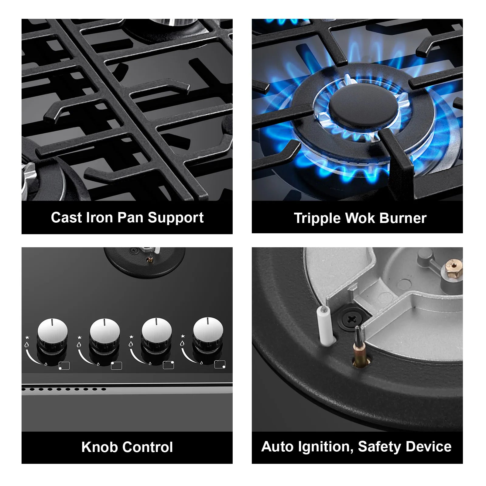 Black 60cm built-in gas hob with four burners, cast iron grates, flame failure protection, and black glass surface.