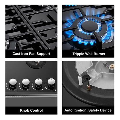 Black 60cm built-in gas hob with four burners, cast iron grates, flame failure protection, and black glass surface.
