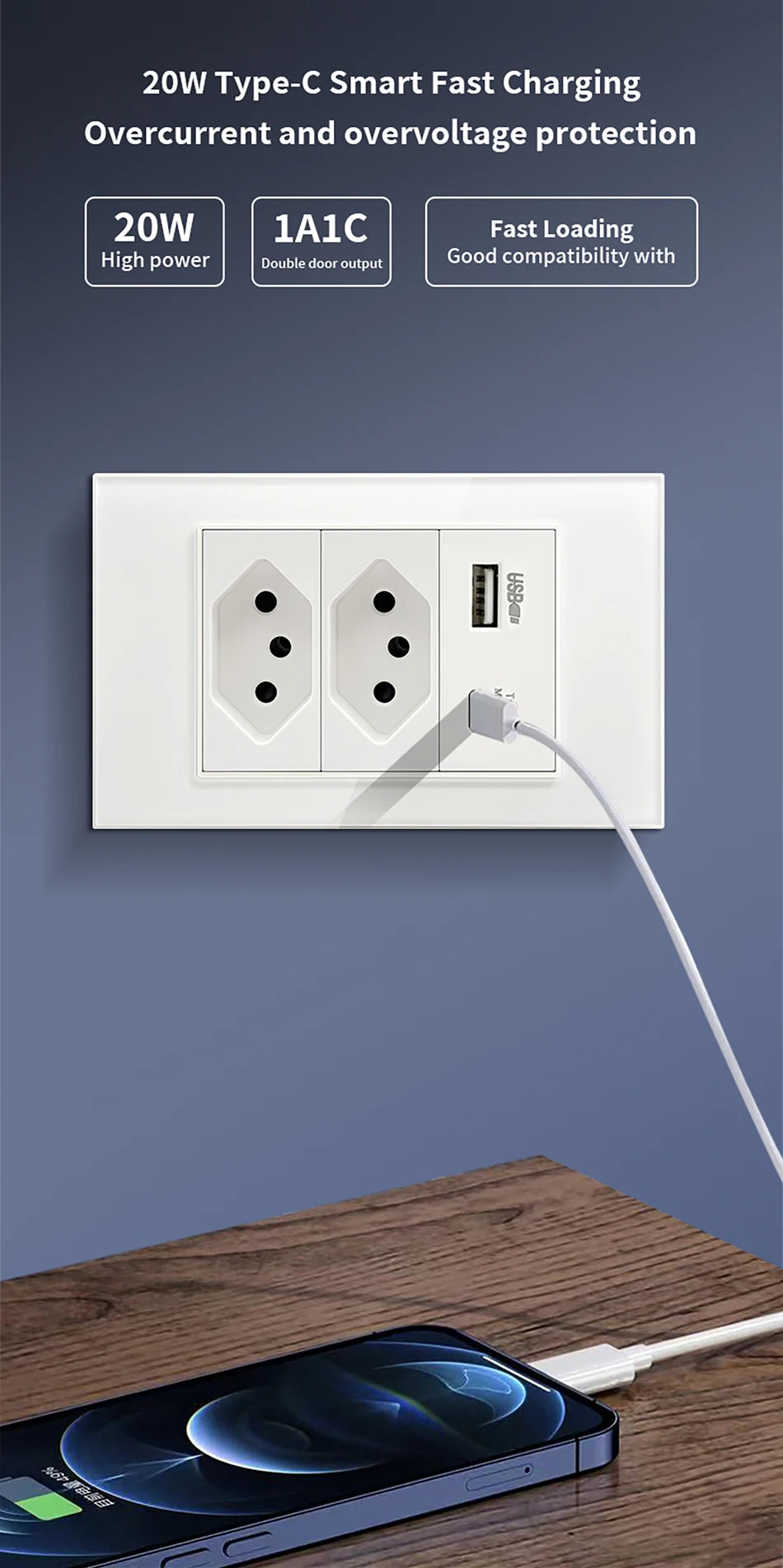 DELEFU Tempered Glass Smart Wall Socket with USB-C | Tuya WiFi | 10A–20A