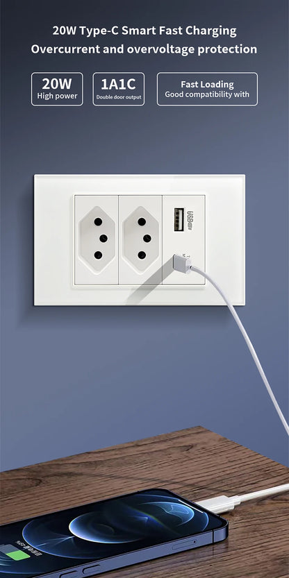 DELEFU Tempered Glass Smart Wall Socket with USB-C | Tuya WiFi | 10A–20A