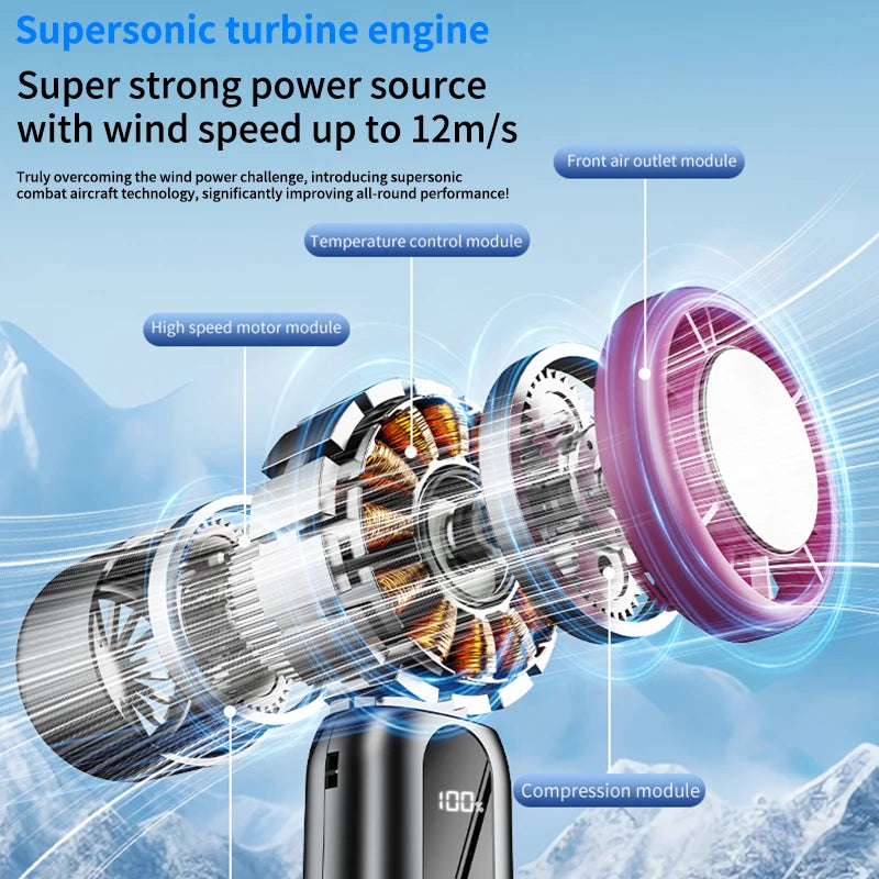 Red Shopping 2025 handheld fan with touch button, semiconductor cooling, brushless motor, compact design, and 100 wind speed levels.