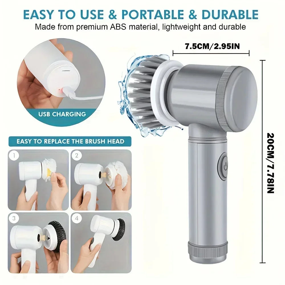 Cordless electric spin scrubber by R.E.D. Shopping with five replaceable cleaning heads for bathroom and household cleaning.