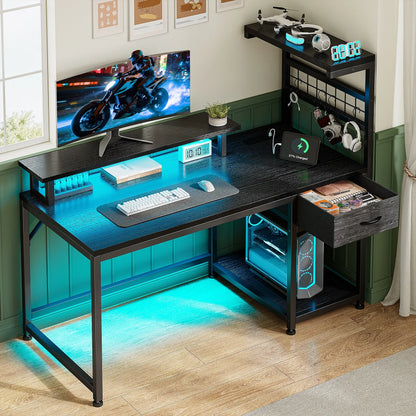 EnHomee 40" Gaming Desk with Power Outlets & RGB LED – Drawer, Storage Shelves & Monitor Stand
