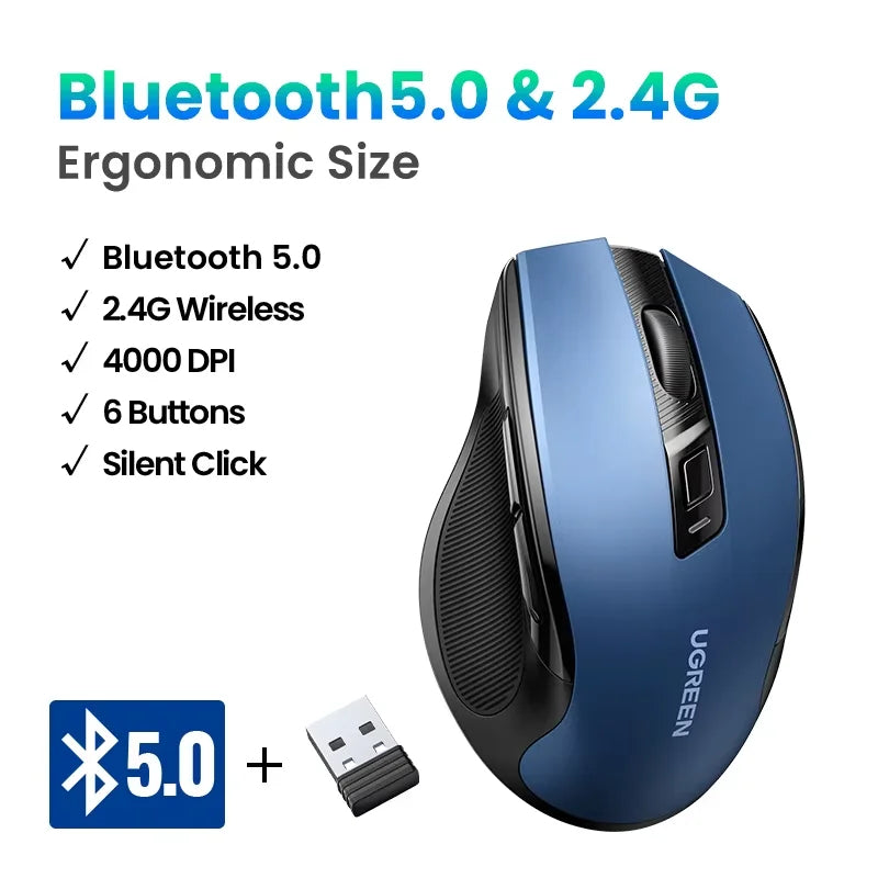 UGREEN MU006 Wireless Mouse – BT5.0 & 2.4G, 4000 DPI, 6 Silent Buttons, Ergonomic for MacBook & PC
