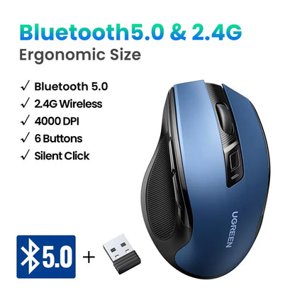 UGREEN MU006 Wireless Mouse – BT5.0 & 2.4G, 4000 DPI, 6 Silent Buttons, Ergonomic for MacBook & PC