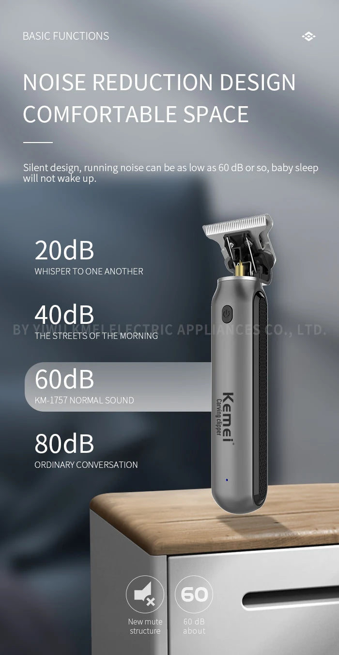 Kemei professional cordless hair trimmer with titanium blade and ergonomic design for precise hair cutting.