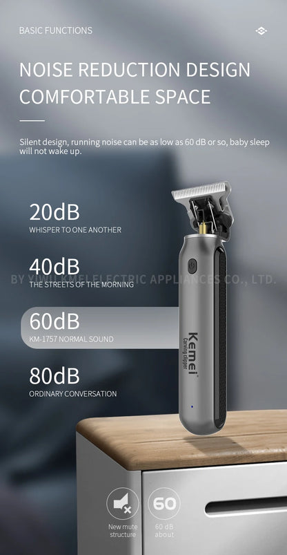 Kemei professional cordless hair trimmer with titanium blade and ergonomic design for precise hair cutting.