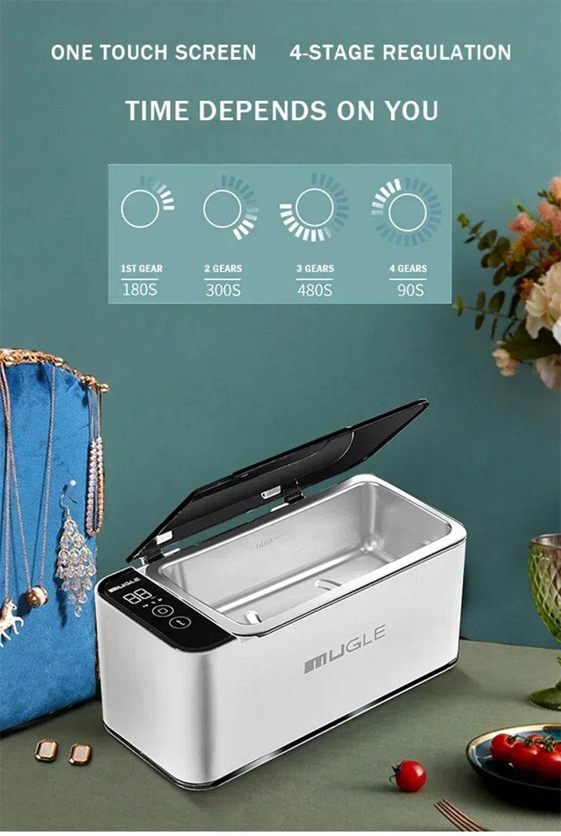 Red ultrasonic cleaning machine with transparent lid, suitable for jewelry, glasses, and watch cleaning at home.