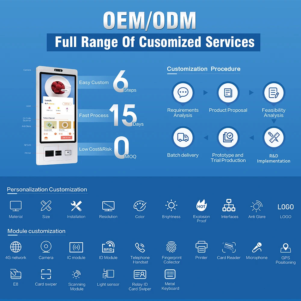 TouchWo 27-32 inch touchscreen kiosk by R.E.D. Shopping with Windows/Android, used for ticketing, payments, and ordering.