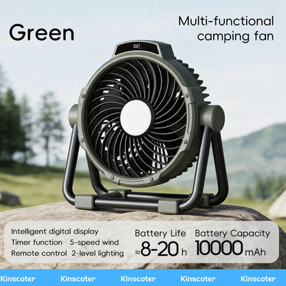 Portable 6-in-1 Outdoor Camping Fan | 10000mAh | 5 Speeds | LED Light | Hook & Remote | Rechargeable
