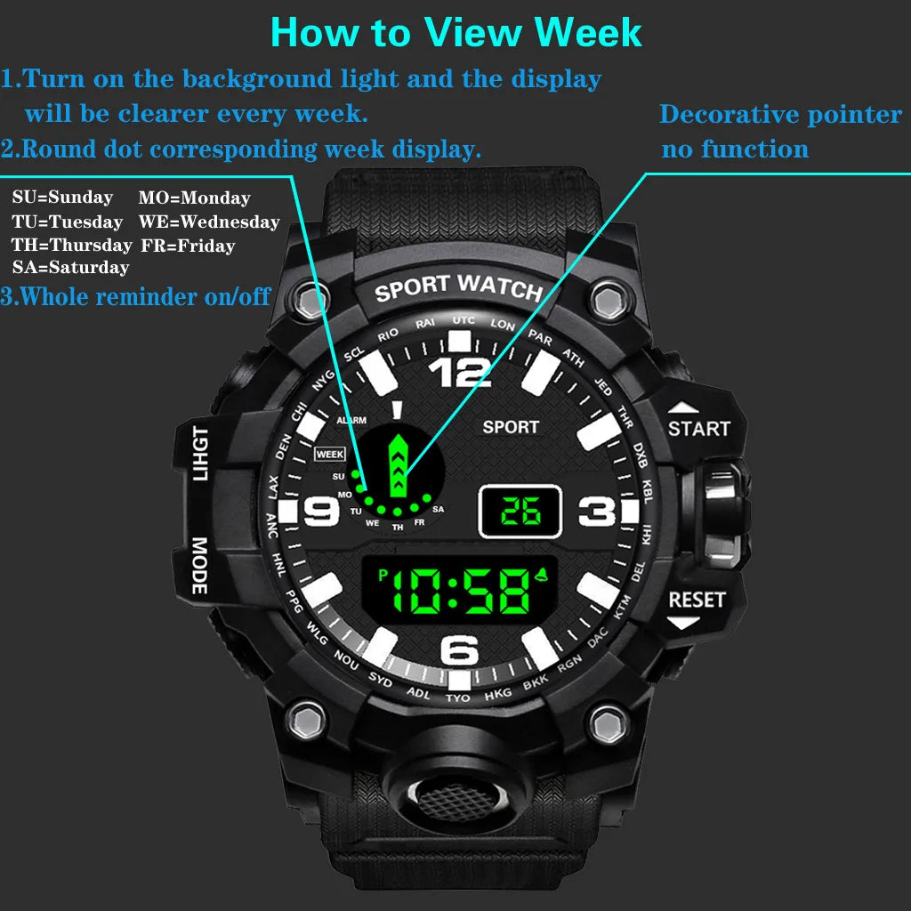 Men's R.E.D. Sports Electronic Wristwatch with large dial, waterproof, luminous display, and alarm features.