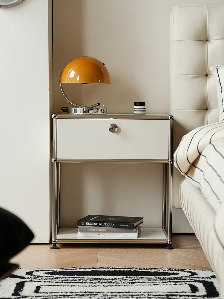Stainless steel R.E.D. Shopping nightstands with storage cabinets for bedroom and living room furniture.