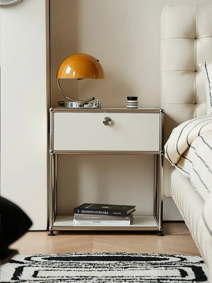 Stainless steel R.E.D. Shopping nightstands with storage cabinets for bedroom and living room furniture.