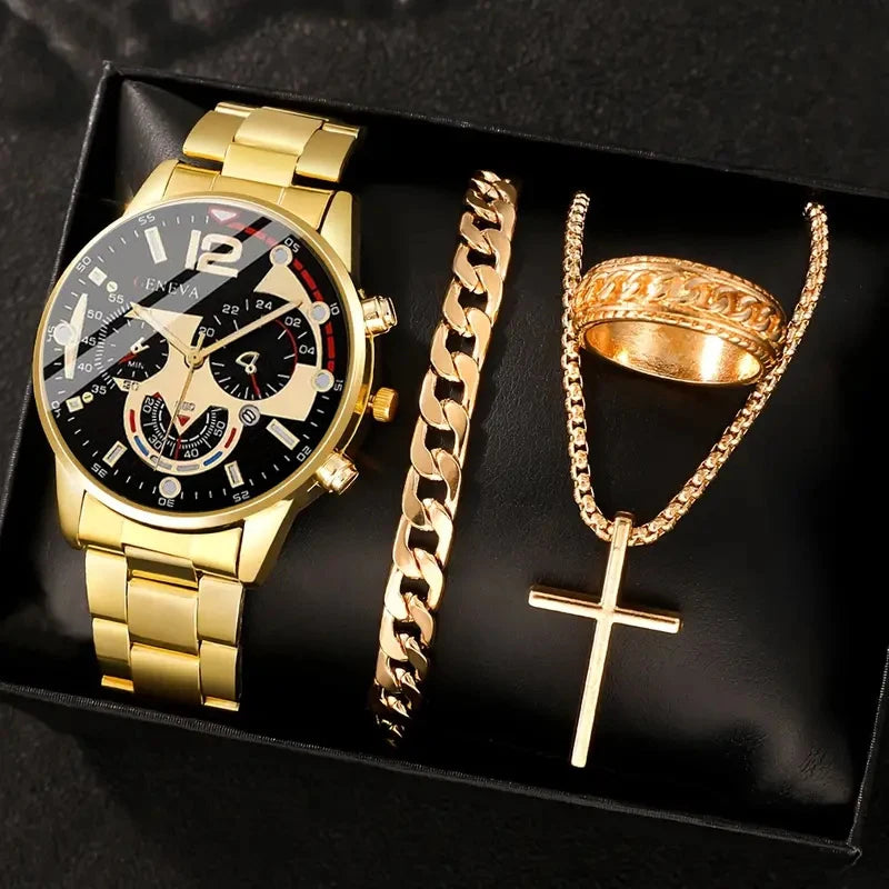 Gold men's watch, necklace, bracelet, and ring gift set by R.E.D. Shopping, featuring Roman quartz watch and matching jewelry pieces.