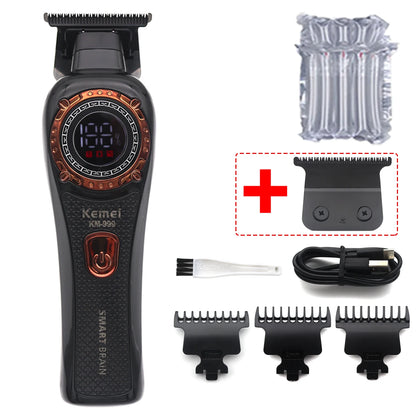 Kemei KM-999 Professional Hair Trimmer – DLC T-Blade, Zero Gap, LED Display, Cordless USB Clipper