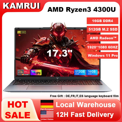 KAMRUI 17.3" Ultra Slim Laptop — AMD Ryzen 3 4300U, 16GB DDR4, 512GB M.2 SSD, 4K FHD, Windows 11 Pro