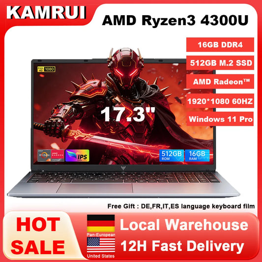 KAMRUI 17.3" Ultra Slim Laptop — AMD Ryzen 3 4300U, 16GB DDR4, 512GB M.2 SSD, 4K FHD, Windows 11 Pro