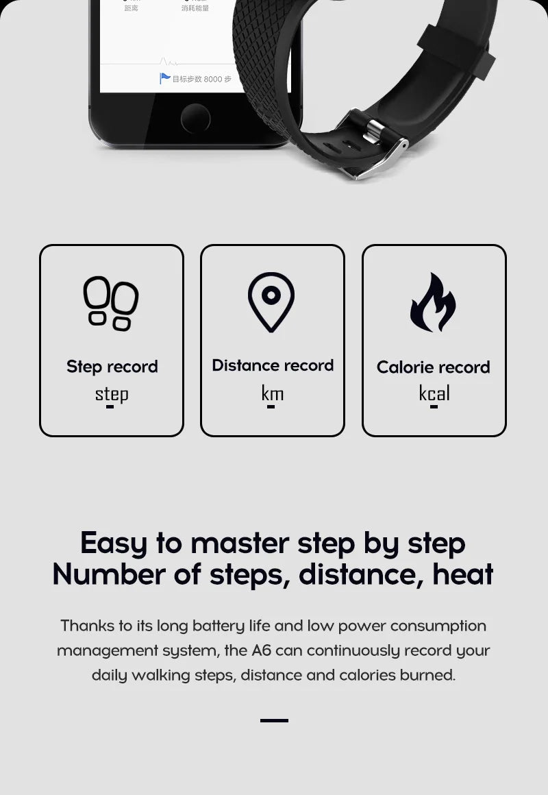 R.E.D. Shopping 116Plus Smart Watch with fitness tracker, heart rate monitor, and sleep tracking display on a sleek black band