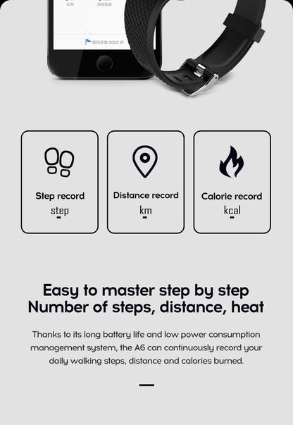 R.E.D. Shopping 116Plus Smart Watch with fitness tracker, heart rate monitor, and sleep tracking display on a sleek black band