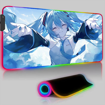 Kawaii Pink Hatsune Miku Anime RGB Mouse Pad – XXL LED Gaming Deskmat, Keyboard Carpet