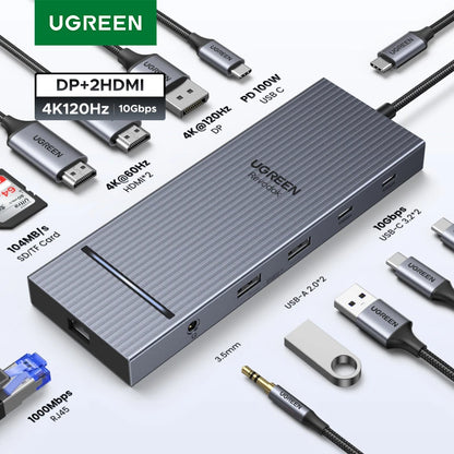 UGREEN USB-C Hub – 4K120Hz DP, 2x HDMI, SD/TF, RJ45, USB3.2 Gen2 10Gbps Docking Station for Laptop