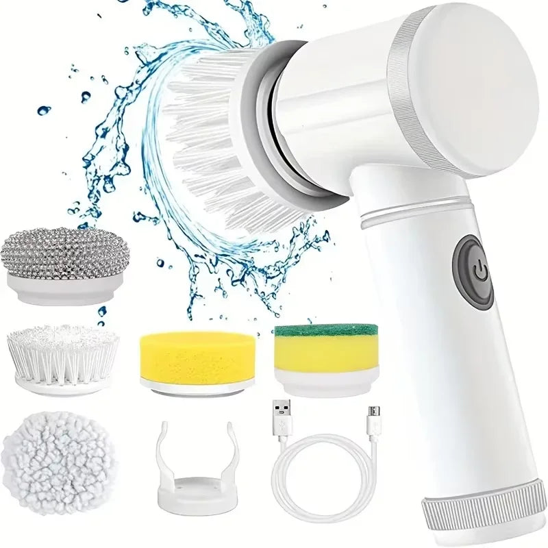 Electric spin scrubber by R.E.D. Shopping with five replaceable cleaning heads for bathroom and household cleaning.