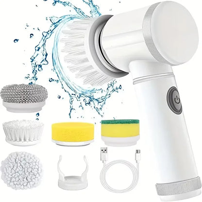 Electric spin scrubber by R.E.D. Shopping with five replaceable cleaning heads for bathroom and household cleaning.