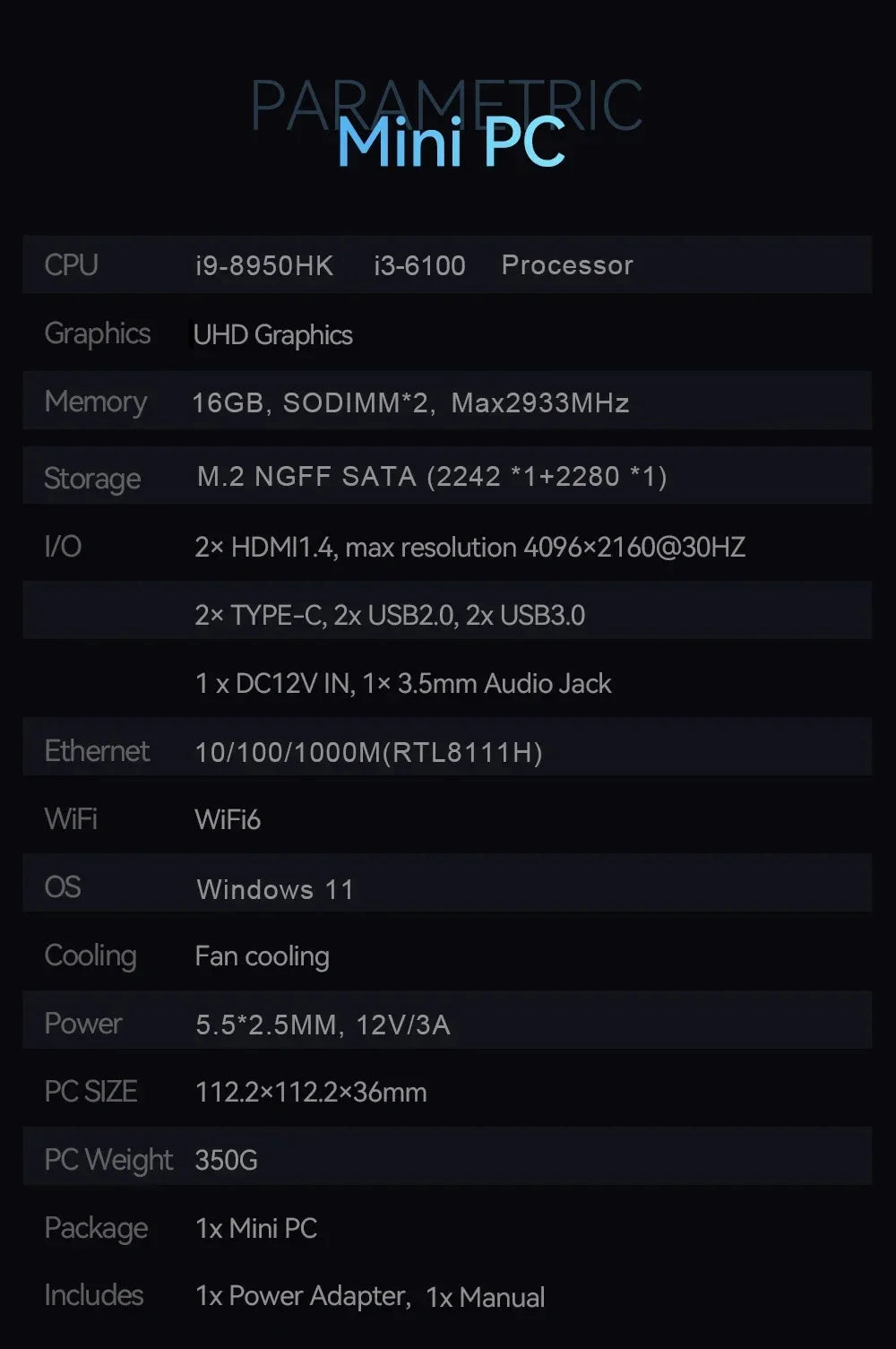 Mini PC – Intel Core i9-8950HK / i3-6100U, 16GB RAM, 1TB/2TB SSD, 4K, WiFi 6, Windows 11