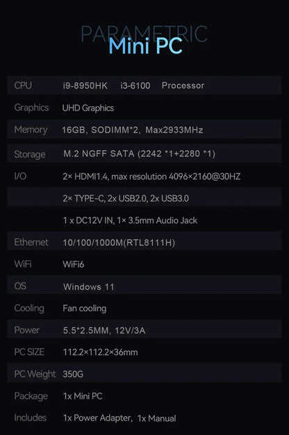 Mini PC – Intel Core i9-8950HK / i3-6100U, 16GB RAM, 1TB/2TB SSD, 4K, WiFi 6, Windows 11