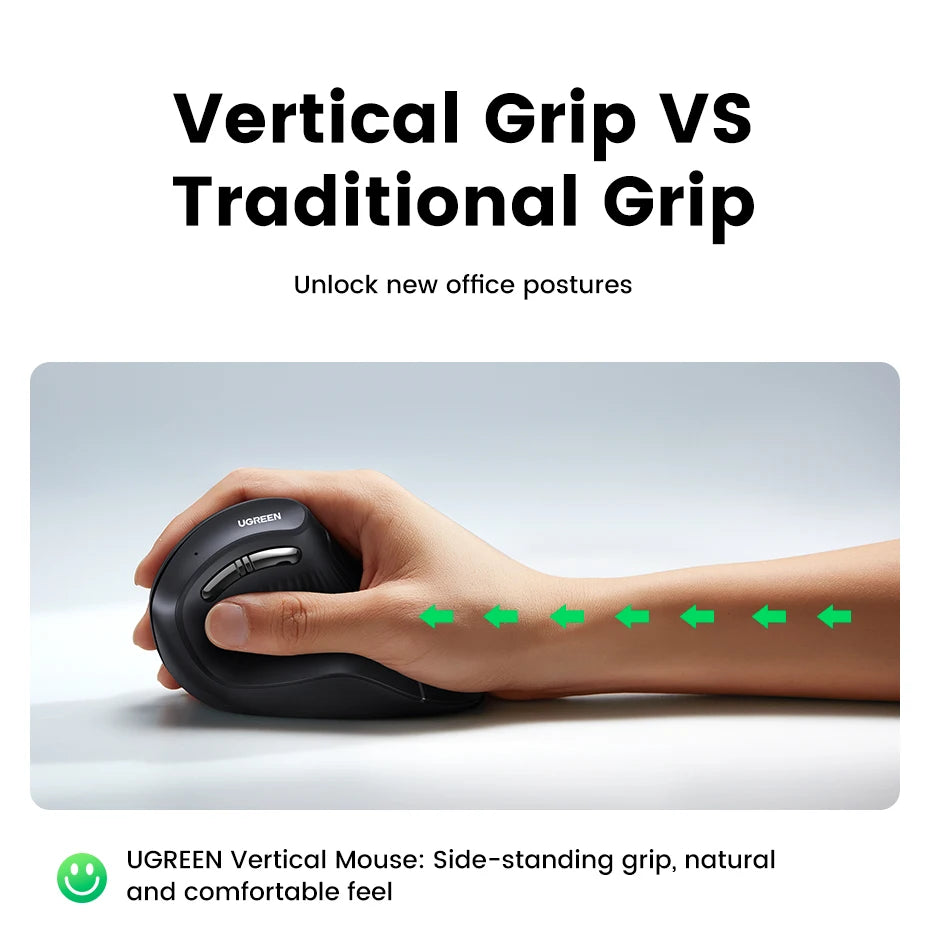 UGREEN Vertical Ergonomic Mouse – Bluetooth 5.0 & 2.4G Wireless, 4000DPI, 6 Silent Buttons, for Mac & PC