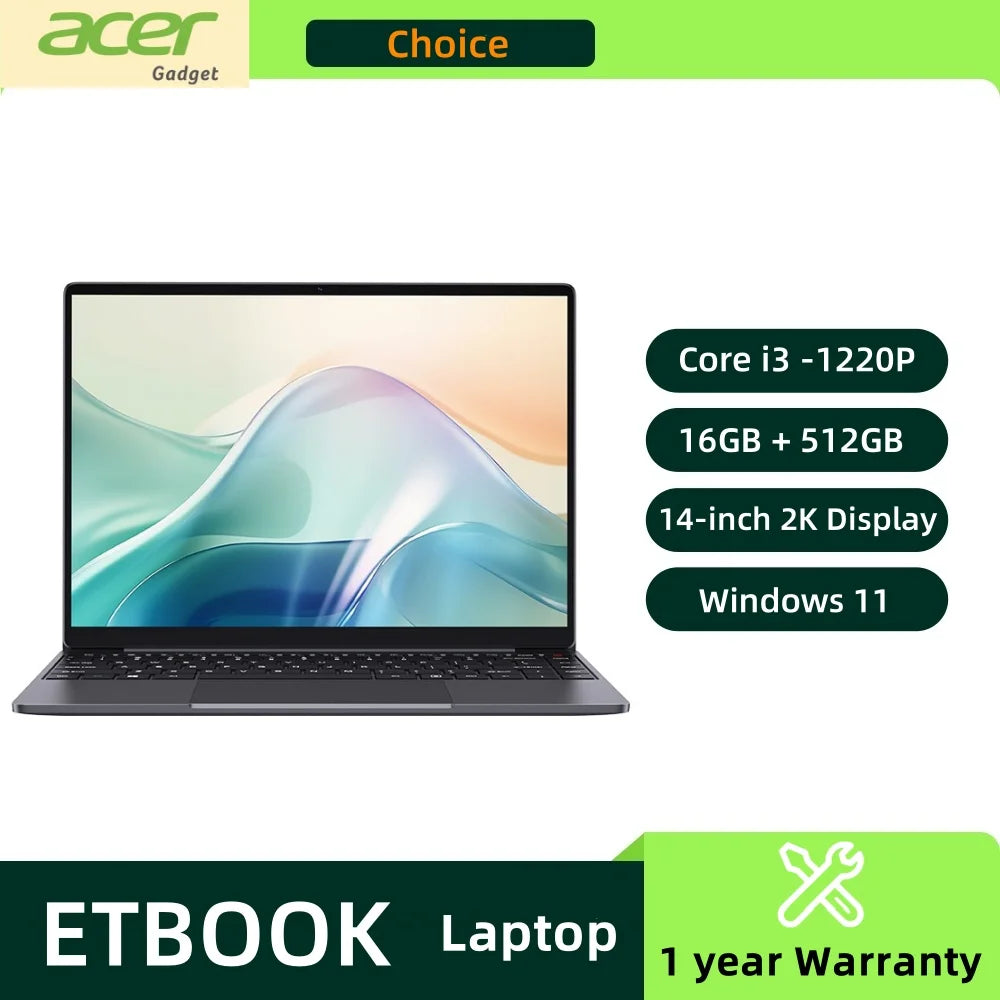 Acer ETBook 14" 2K Laptop Intel Core i3-1220P 16GB RAM 512GB SSD WiFi 6 Windows 11