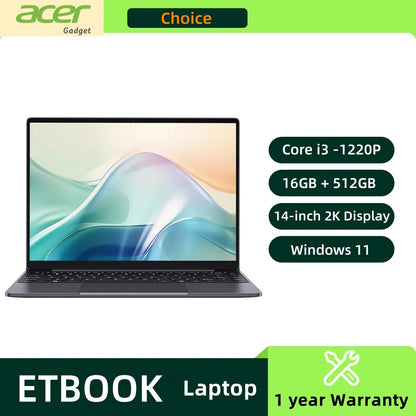 Acer ETBook 14" 2K Laptop Intel Core i3-1220P 16GB RAM 512GB SSD WiFi 6 Windows 11