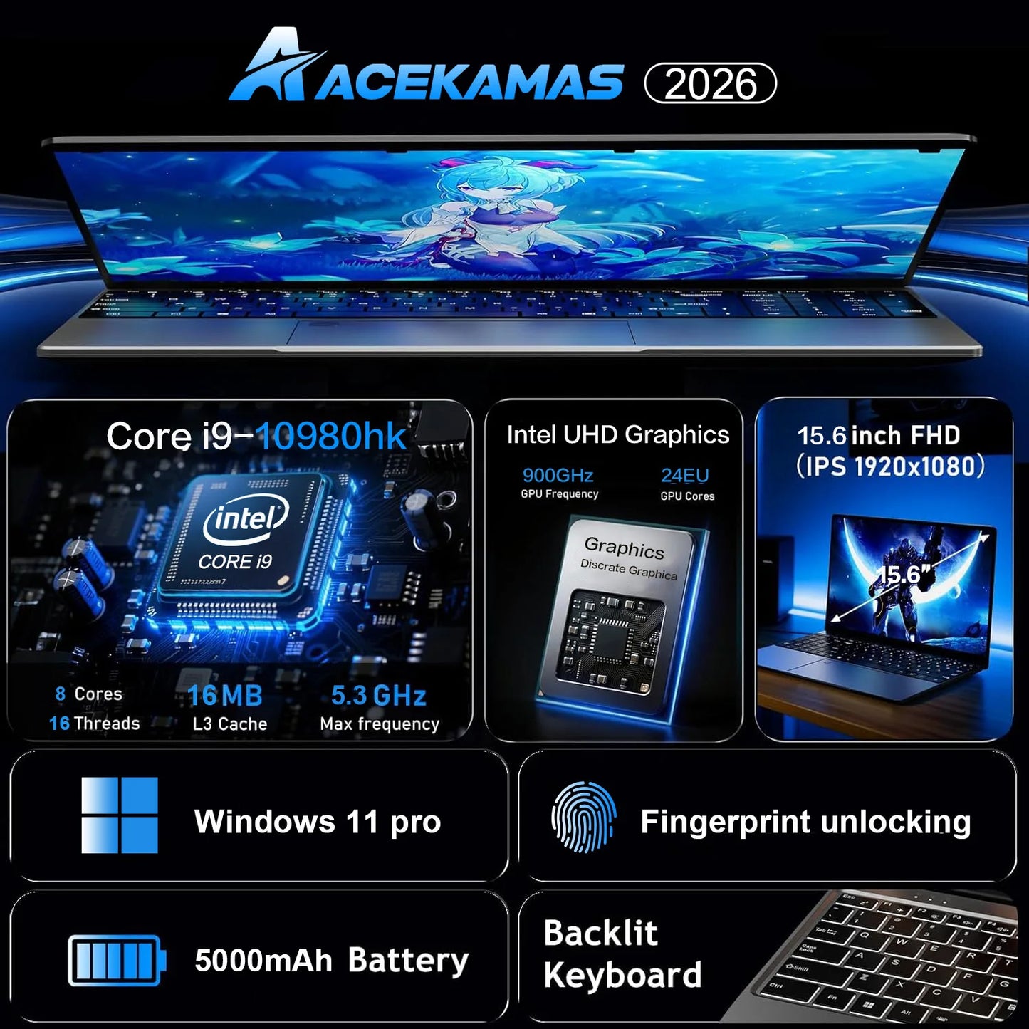 Erilles 15.6" Gaming Laptop | Intel Core i9-10980HK | Win 11 | IPS FHD | WiFi 6 | Fingerprint | 16GB DDR4
