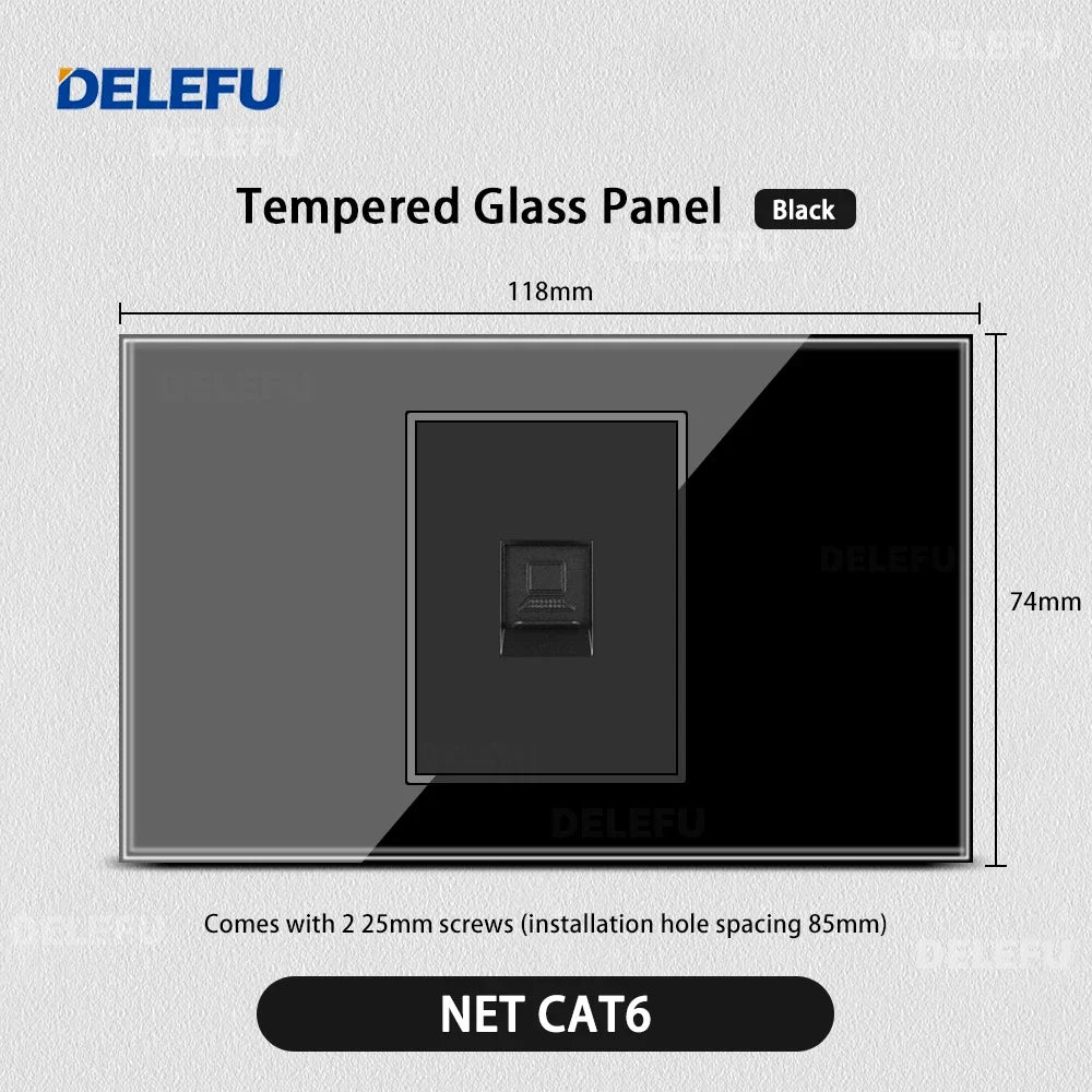 DELEFU Black Tempered Glass Wall Socket – USB Type-C Fast Charging Schuko & Italy