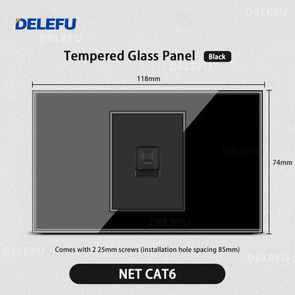 DELEFU Black Tempered Glass Wall Socket – USB Type-C Fast Charging Schuko & Italy