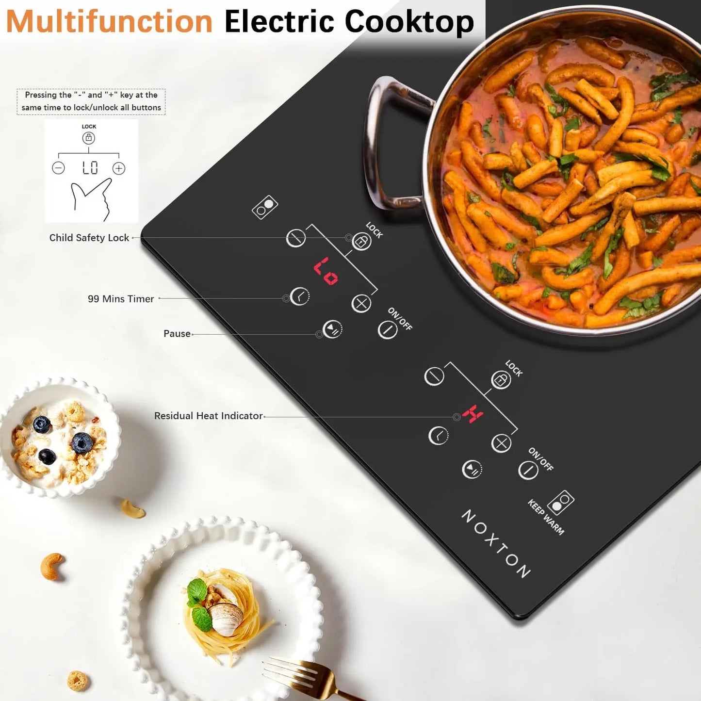 NOXTON 2-Zone Ceramic Hob – Plug-In, 99-Min Timer, Safety Lock, Countertop & Built-In, US 110V / EU-UK 220V