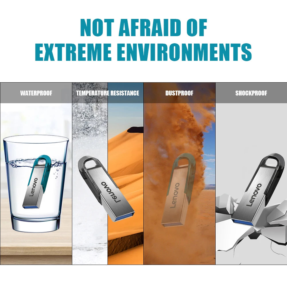 Lenovo 2TB waterproof USB 3.0 flash drive with metal casing, compact and portable computer accessory.