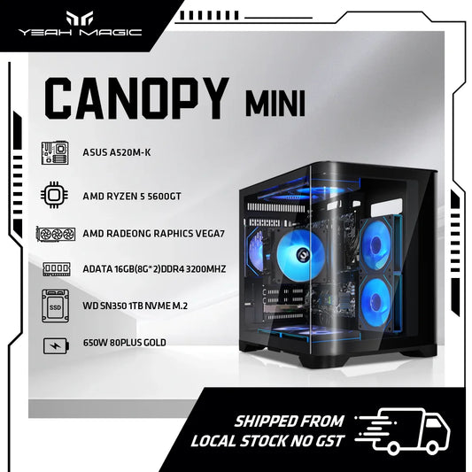 Red Shopping YEAH MAGIC Gaming Desktop PC with AMD Ryzen 5, 16GB DDR4, 1TB NVMe SSD, ARGB lighting, Windows 11, front view.