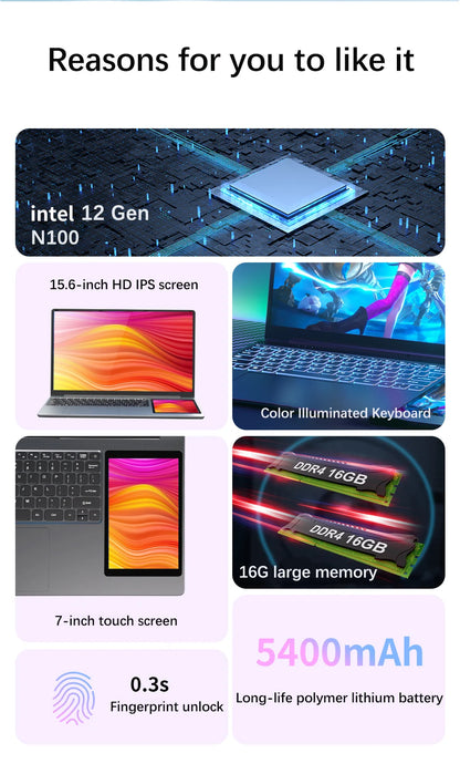 15.6" + 7" Dual Screen Laptop Intel N100 | 8–32GB DDR4 | Up to 2TB SSD | Win11