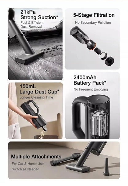 Xiaomi MIJIA Car Vacuum Cleaner – 21kPa Suction, 2400mAh Battery, Type-C Fast Charge, 150ml Dust Cup