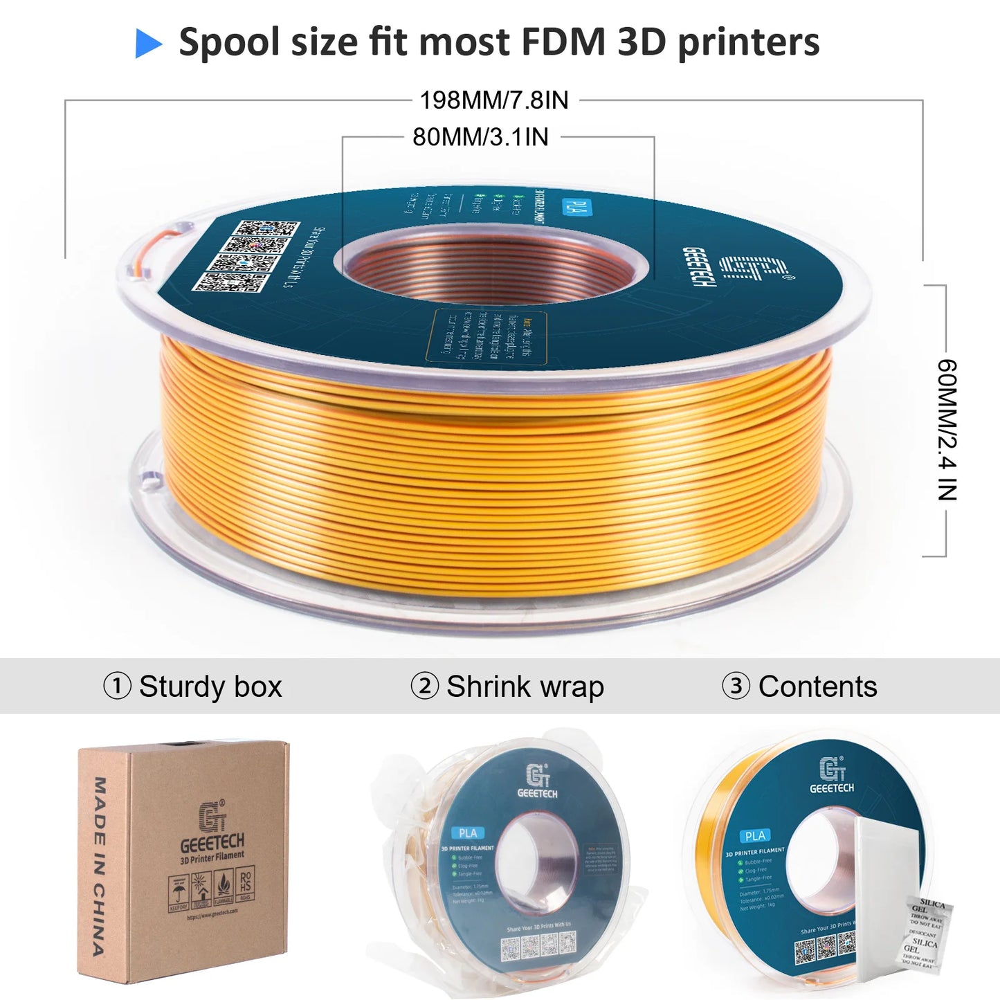 Geeetech Tri-Color Silk PLA Filament 1.75mm – 1KG Spool, Vacuum Packed