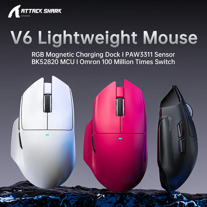 Attack Shark V6 Tri-mode Gaming Mouse – 25000 DPI, RGB, Magnetic Charging, Ergonomic