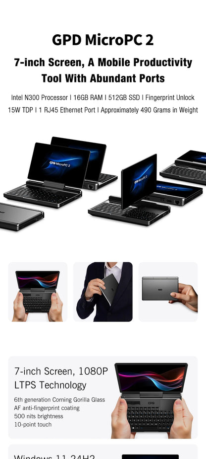 GPD MicroPC 2 – 7" Mini Laptop, Intel i3-N300, 16GB DDR5, 512GB SSD, Touch Screen, Windows 11