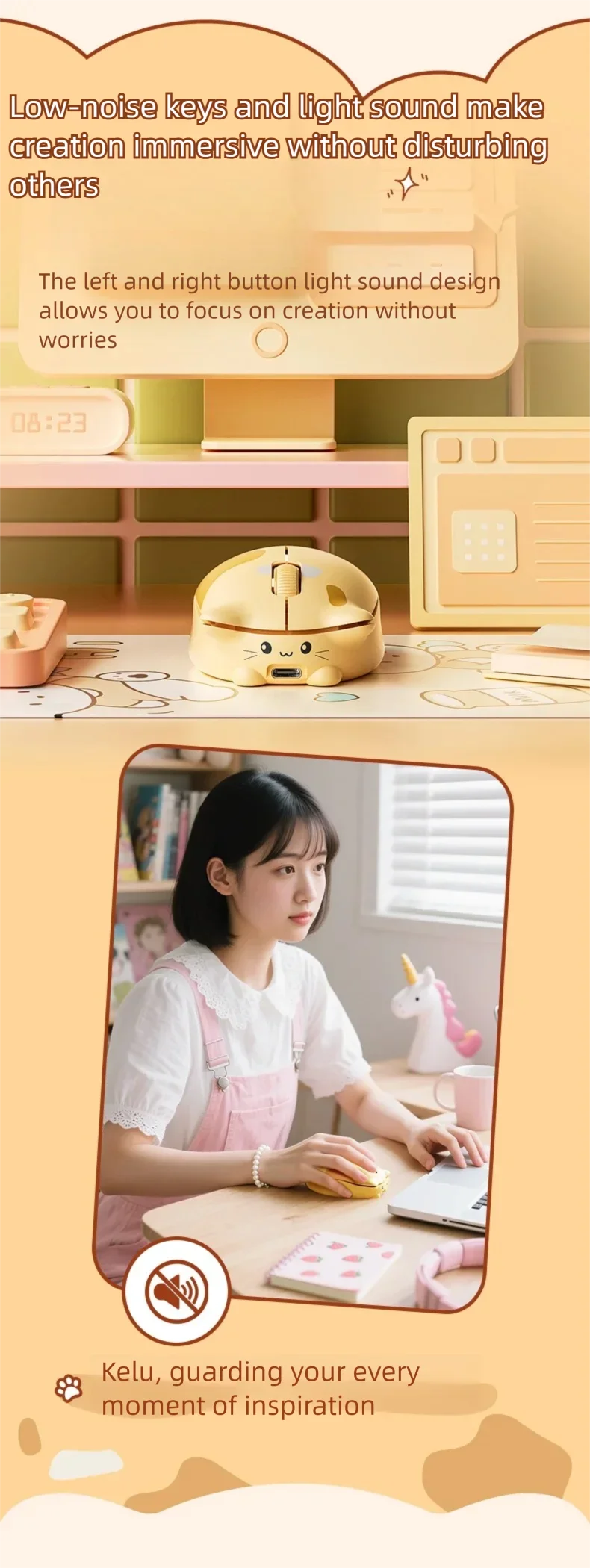 INPHIC Kalo Cute Cat Bluetooth Wireless Mouse – Silent, 2400 DPI, Rechargeable, for PC & iPad