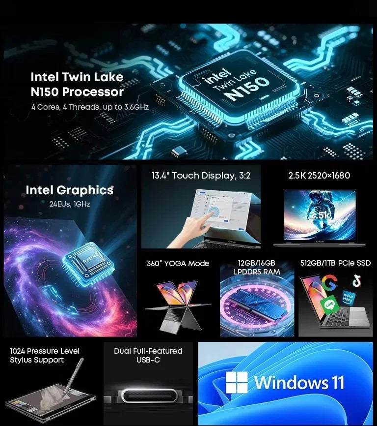 CHUWI FreeBook 2-in-1 Laptop – Intel N150, 13.4" 2.5K Touch, 16GB LPDDR5, 512GB SSD, WiFi 6, BT 5.2