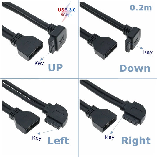 90° USB 3.0 Front Panel Extension Cable – 20-Pin / 19-Pin Elbow Adapter, 0.2m